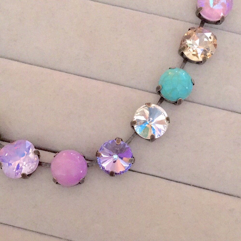 Turquoise, Lilac Purple Opal AB + Champagne Topaz Antique Brass Crystal Necklace - Picture 8 of 14